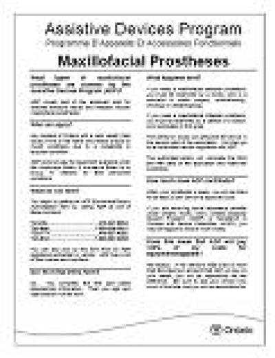 Image of the cover of publication titled  Assistive Devices Program: Maxillofacial Prostheses (Facial and Mouth Prostheses/Proth&egrave;ses sur le visage et la bouche)
