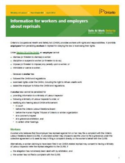 Image de la couverture de la publication intitulée Information for workers and employers about reprisals; April 2012