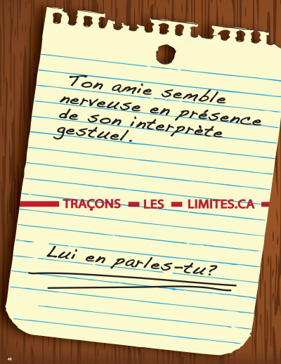 Image de la couverture de la publication intitul&eacute;e 46 - Ton amie semble nerveuse en pr&eacute;sence de son interpr&egrave;te gestuel