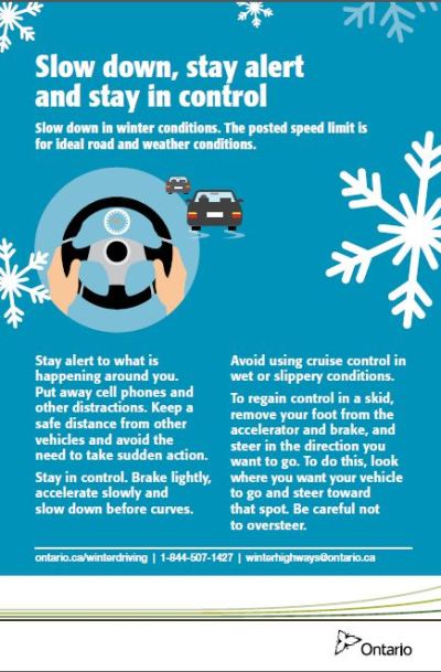 Image of the cover of publication titled  Slow Down, Stay Alert and In Control (Safe Winter Driving) Information Card