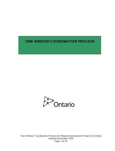 Image of the cover of publication titled  One Window: Coordination Process for Mineral Development Projects in Ontario