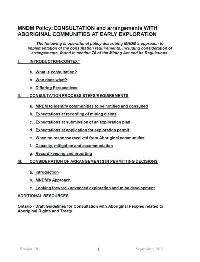 Image of the cover of publication titled  MNDM Policy: Consultation and Arrangements with Aboriginal Communities at Early Exploration