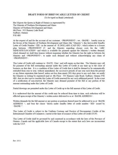Image of the cover of publication titled  Draft Form of Irrevocable Letter of Credit