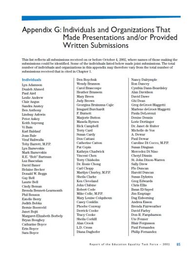 Image of the cover of publication titled  Appendix G: Individuals and Organizations That Made Presentations and/or Provided Written Submissions