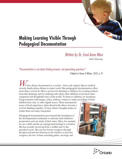 Image of the cover of publication titled  Making Learning Visible Through Pedagogical Documentation