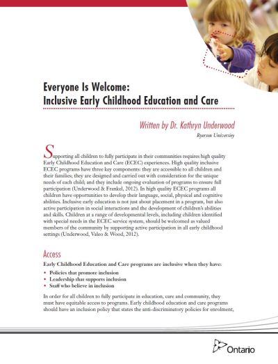 Image of the cover of publication titled  Everyone Is Welcome: Inclusive Early Childhood Education and Care
