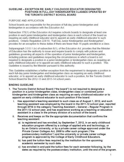 Image of the cover of publication titled  GUIDELINE - EXCEPTION RE: EARLY CHILDHOOD EDUCATOR DESIGNATED POSITIONS IN FULL-DAY KINDERGARTEN CLASSES OPERATED BY THE TORONTO DISTRICT SCHOOL BOARD