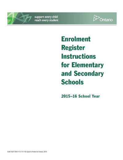 Image of the cover of publication titled  Enrolment Register Instructions for Elementary and Secondary Schools