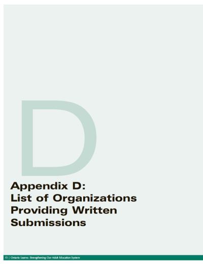 Image of the cover of publication titled  Appendix D: List of Organizations Providing Written Submissions