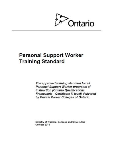 Image of the cover of publication titled  Personal Support Worker Training Standard