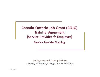 Image of the cover of publication titled  Canada-Ontario Job Grant (COJG) Training Agreement
