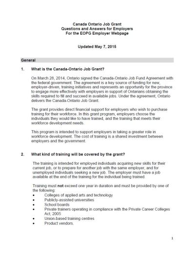 Image of the cover of publication titled  Canada Ontario Job Grant Questions and Answers for Employers For the EOPG Employer Webpage
