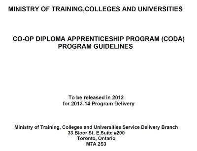 Image of the cover of publication titled  CO-OP DIPLOMA APPRENTICESHIP PROGRAM (CODA) PROGRAM GUIDELINES