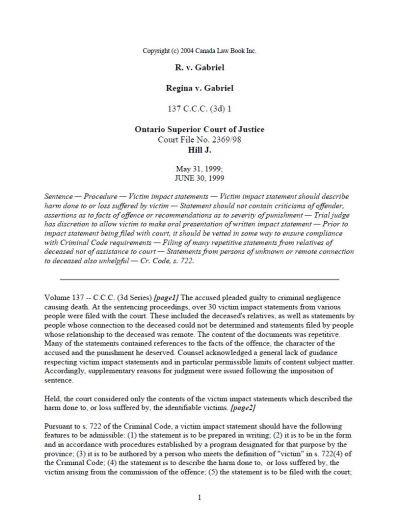 Image of the cover of publication titled  R. v. Gabriel - Ontario Superior Court of Justice: Court File No. 2369/98