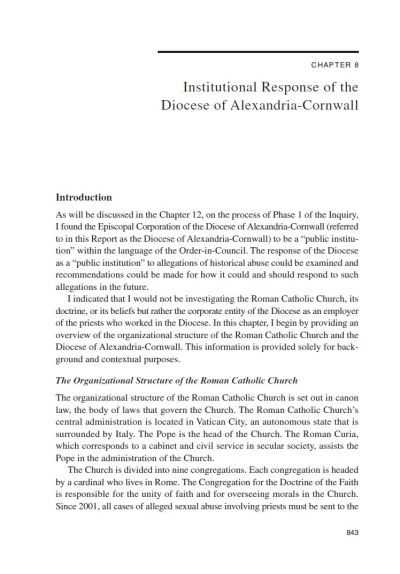 Image of the cover of publication titled  The Cornwall Public Inquiry - Chapter 8: Institutional Response of the Diocese of Alexandria - Cornwall