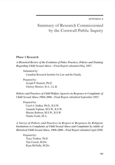 Image of the cover of publication titled  Report of the Cornwall Inquiry: Appendix A: Summary of Research Comissioned by the Cornwall Public Inquiry