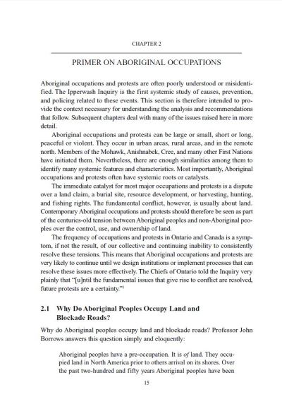 Image of the cover of publication titled  Report of the Ipperwash Inquiry: Chapter 2: Primer Aboriginal Occupations