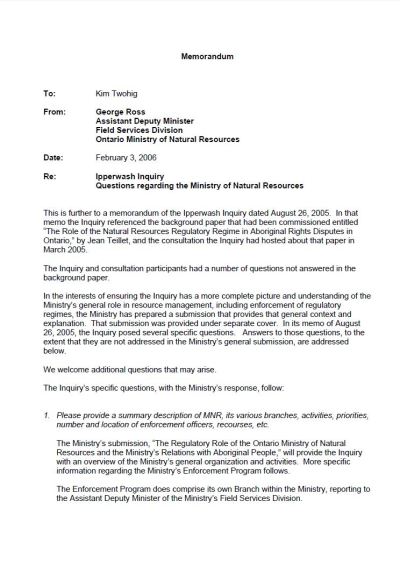 Image of the cover of publication titled  Memorandum: Ipperwash Inquiry Questions Regarding the Ministry of Natural Resources