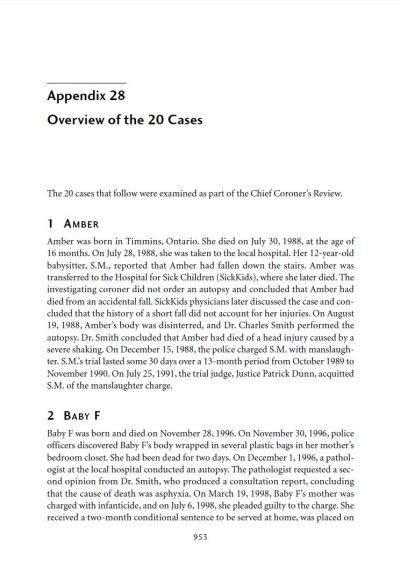 Image of the cover of publication titled  Inquiry into Pediatric Forensic Pathology in Ontario: Appendix 28 Overview of the 20 Cases