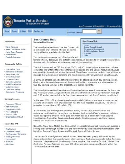 Image of the cover of publication titled  Toronto Police Service: To Serve and Protect - Sex Crimes Unit
