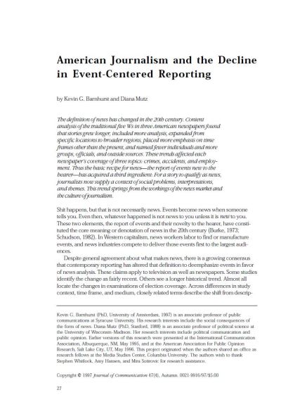 Image of the cover of publication titled  American Journalism and the Decline in Event-Centered Reporting: Journal of Communication 47(4)