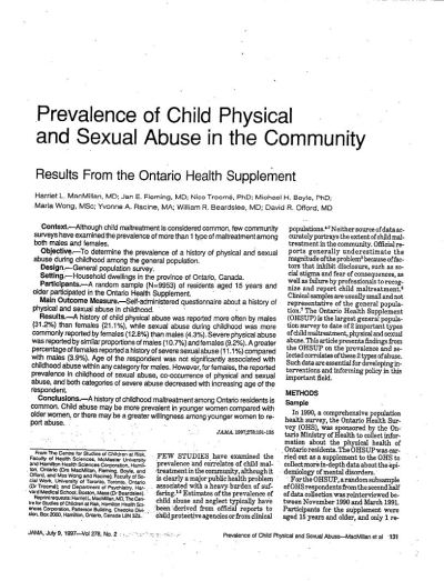 Image of the cover of publication titled  Prevalence of Child Physical and Sexual Abuse in the Community