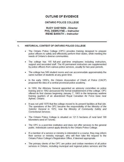 Image of the cover of publication titled  Ontario Police College - Outline of Evidence