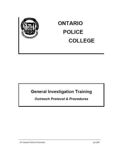 Image of the cover of publication titled  General Investigation Training Outreach Protocol & Procedures