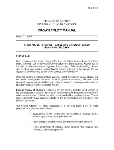 Image of the cover of publication titled  CROWN POLICY MANUAL - CHILD ABUSE, INTERNET INVOLVING CHILDREN