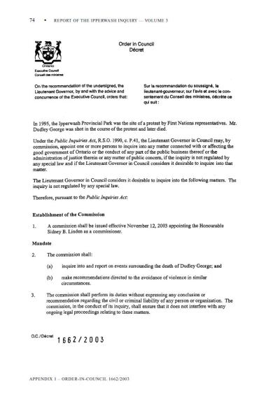 Image of the cover of publication titled  Ipperwash Inquiry - Final Report - Volume 3 - Appendix 1 - Order-in-Council 1662/2003
