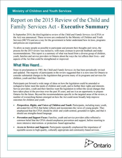 Image of the cover of publication titled  Report on the 2015 Review of the Child and Family Services Act - Executive Summary