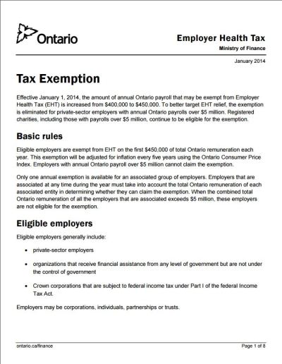 Image of the cover of publication titled  Employer Health Tax - Tax Exemption
