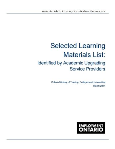 Image of the cover of publication titled  Selected Learning Materials List: Identified by Academic Upgrading Service Providers