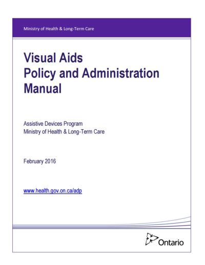 Image of the cover of publication titled  Visual Aids Policy and Administration Manual