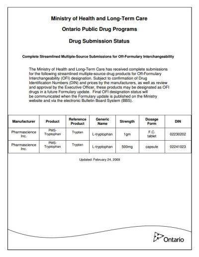 Image of the cover of publication titled  Ministry of Health and Long-Term Care Ontario Public Drug Programs Drug Submission Status - Pharmascience Inc.