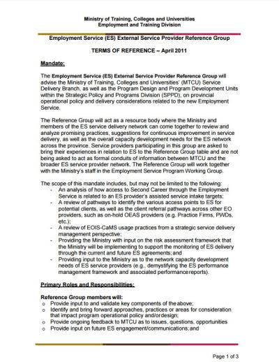 Image of the cover of publication titled  Employment Service (ES) External Service Provider Reference Group Terms of Reference