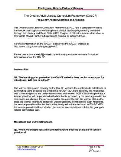 Image of the cover of publication titled  The Ontario Adult Literacy Curriculum Framework (OALCF) Frequently Asked Questions and Answers/Foire aux question et r&eacute;ponses
