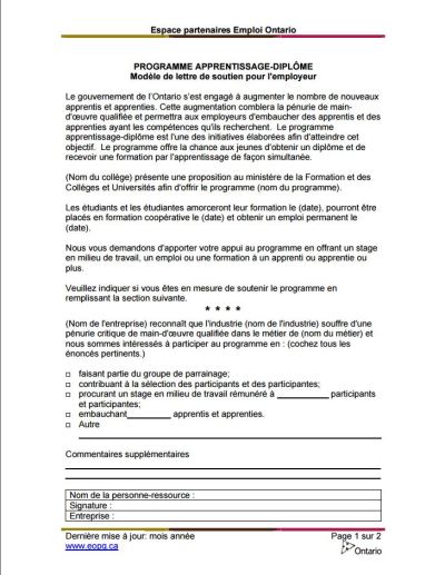 Image of the cover of publication titled  Programme apprentissage-dipl&ocirc;me Mod&egrave;le de lettre de soutien pour l