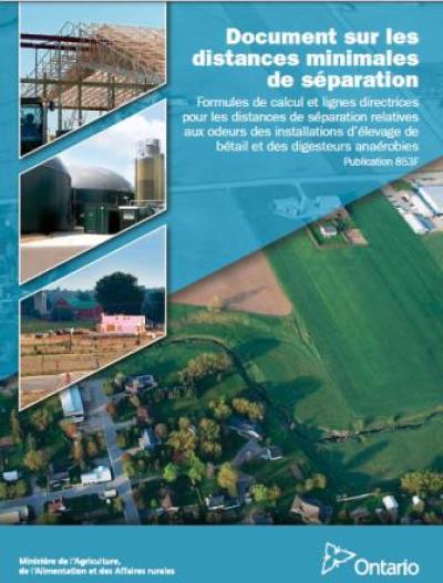 Image of the cover of publication titled  Document sur les distances minimales de séparation: Formules de calcul et lignes directrices pour les distances de séparation relatives aux odeurs des installations d