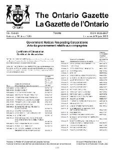 Image of the cover of publication titled Ontario Gazette Vol.153 - 25 - June 20, 2020