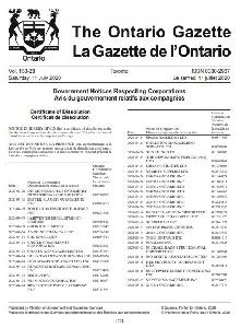 Image of the cover of publication titled Ontario Gazette Vol.153 - 28 - July  11, 2020