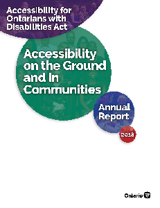Image of the cover of publication titled Accessibility on the Ground and in Communities: Accessibility for Ontarians with Disabilities Act, Annual Report 2018