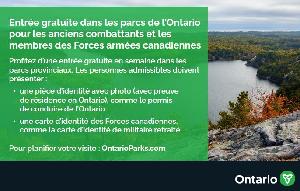 Image of the cover of publication titled Entr&eacute;e gratuite dans les parcs de l&rsquo;Ontario pour les anciens combattants et les membres des Forces arm&eacute;es canadiennes (Carte postale verte)