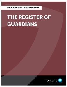 Image of the cover of publication titled The Register of Guardians - Office of the Public Guardian and Trustee