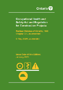 Image of the cover of publication titled Occupational Health and Safety Act (OHSA) and Regulation for Construction Projects, R213/91 Jan. 2023