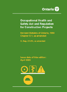 Image de la couverture de la publication intitulée Occupational Health and Safety Act (OHSA) and Regulation for Construction Projects, R213/91; April 2025