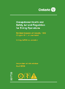Image of the cover of publication titled Occupational Health and Safety Act (OHSA) and Regulation for Diving Operations; April 2025