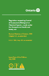 Image of the cover of publication titled Regulation respecting Control of Exposure to Biological or Chemical Agents &ndash; made under the Occupational Health and Safety Act; July 2026