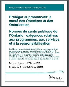 Image of the cover of publication titled  Protéger et promouvoir la santé des Ontariens et des Ontariennes : Normes de santé publique de l
