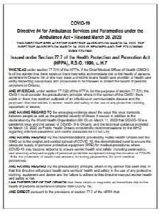 Image of the cover of publication titled COVID-19 : Directive #4 for Ambulance Services and Paramedics under the Ambulance Act - Revised March 30, 2020 : Issued under Section 77.7 of the Health Protection and Promotion Act (HPPA), R.S.O. 1990, c. H.7.